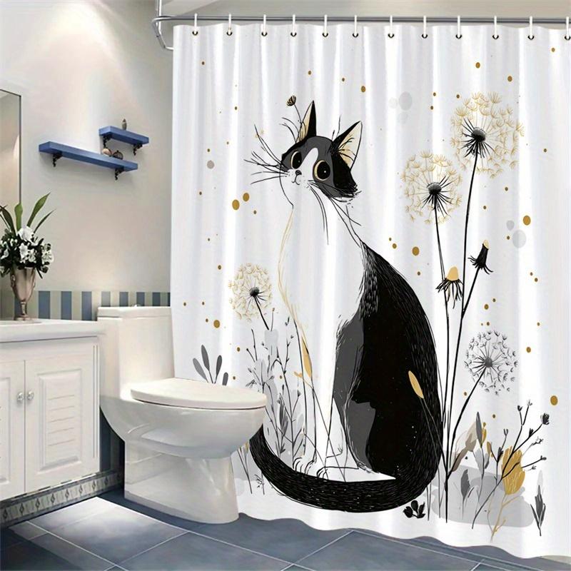 1pc Black and White Cat and Dandelion Shower Curtain - Polyester Fabric, Machine Washable, Suitable for Bathroom Decoration
