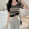 Summer Vintage Versatile Contrasting Striped Knitted Sweater for Women In Plus Size Loose Short Sleeved T-shirt