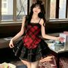 Girls French Plaid Suspender Dress Short Tutu Dress Sweet and Spicy Wind Red Haige Party Skirt