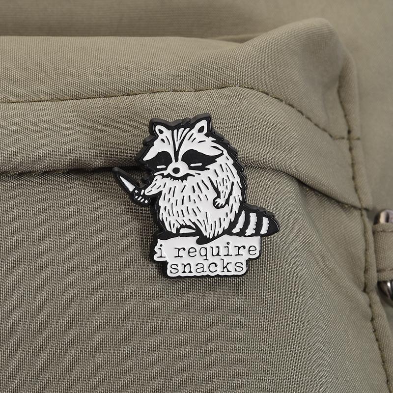 I Require Snacks Enamel Pins Cartoon Trash Panda Raccoon Brooches Lapel Badges Funny Animal Jewelry Gift for Kids Friends