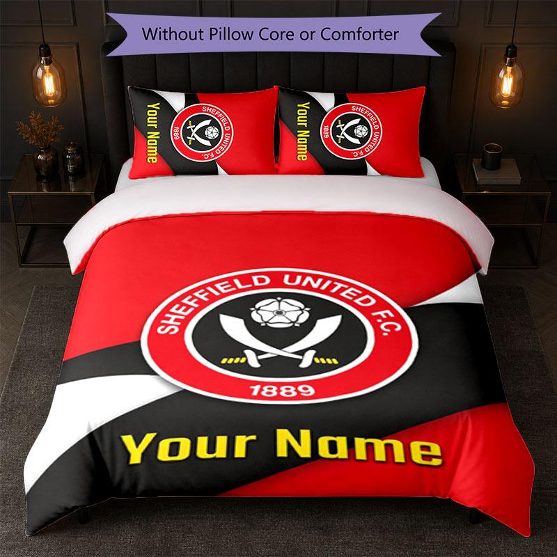 Sheffield United FC Individuelles Namens-Text Bettwäscheset 1 Bettbezug+2 Kissenbezüge Fußball-Logo Personalisierte Geschenkidee für besonderen Anlass Schlafzimmerdekoration