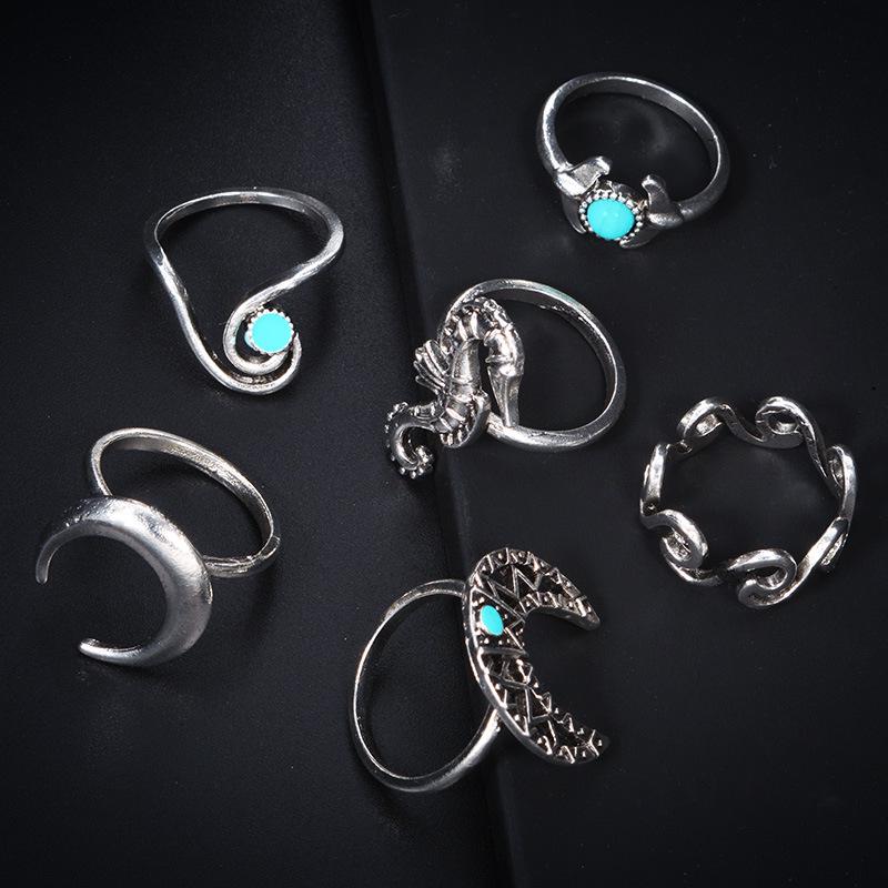 Exaggerated Seahorse & Moon Turquoise 6-Piece Ring Set