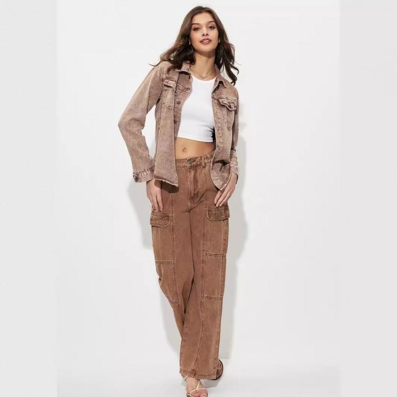 Giacca di jeans oversize da donna Vestibilità larga Streetwear Capospalla casual Marrone caffè Manica lunga Collo a polo Autunno 2025