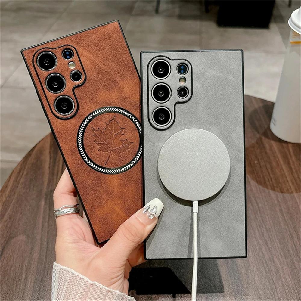 

For Magsafe Leather Maple Leaf Phone Cases For Samsung Galaxy S25 S24 S23 Ultra S21 Plus S24 FE Magnetic Wireless Charging Cover Galaxy S23+