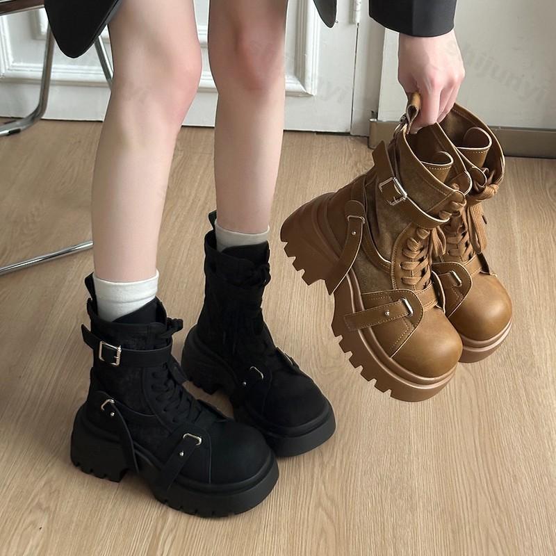 Fashion Women Fashion Boots 2025 Autumn Winter New Belt Buckle Height Increase Motorcycle Boots Comfortable Luxury Non Slip Short Boots