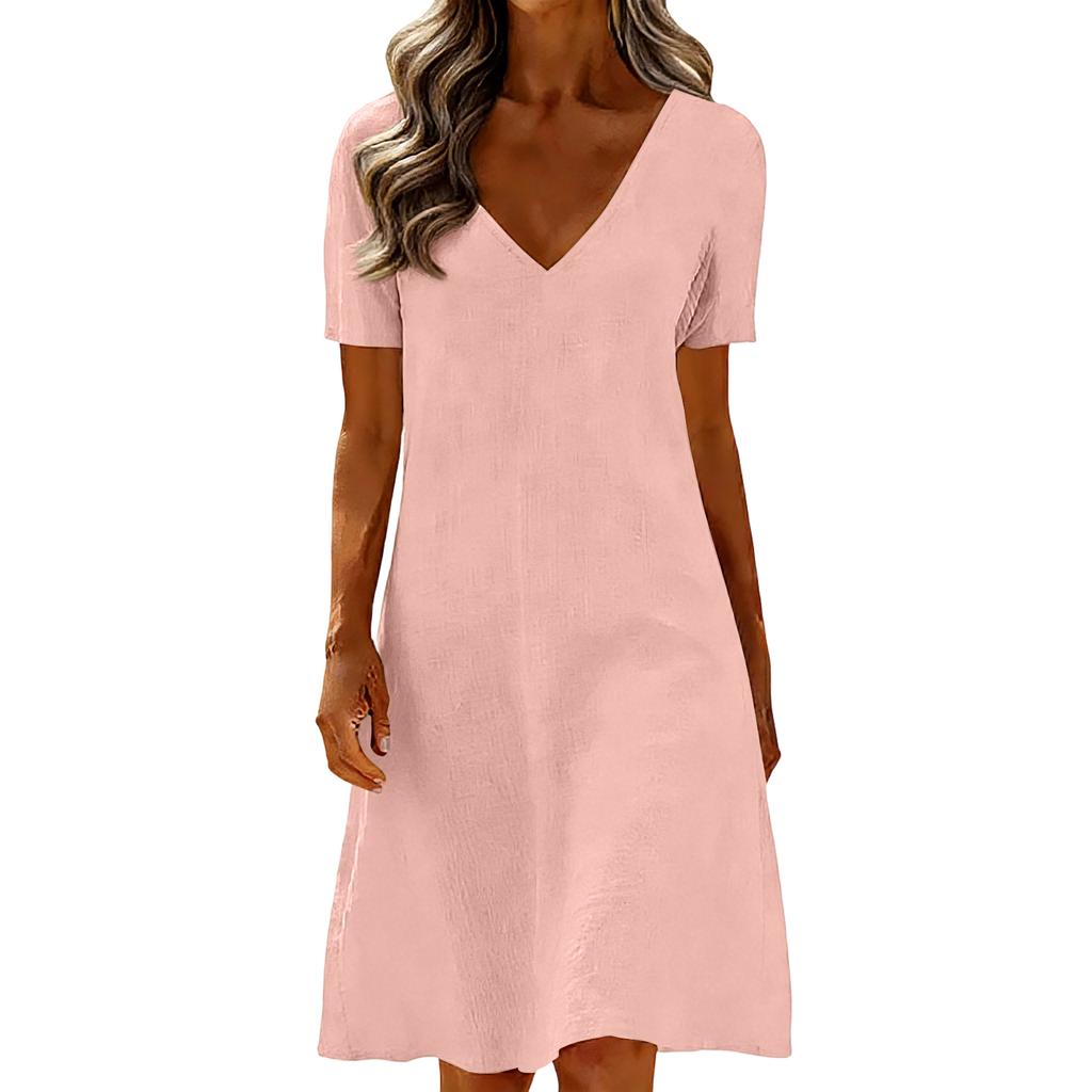 Women's  Color Casual Fashion Short Sleeved V-neck Dress