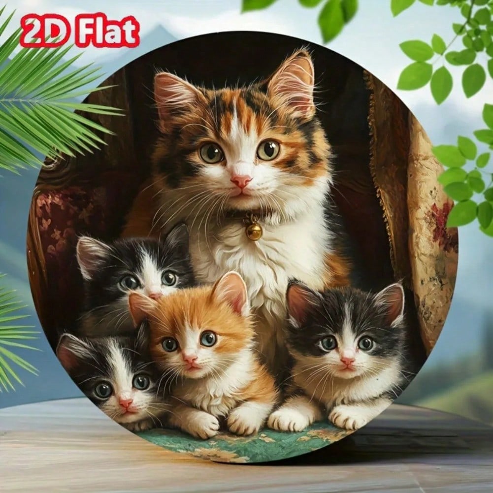 Vintage Tin Sign Metal Wall Decor Calico Cat Wreath Home Bar Art 8x8 Inch 20x20