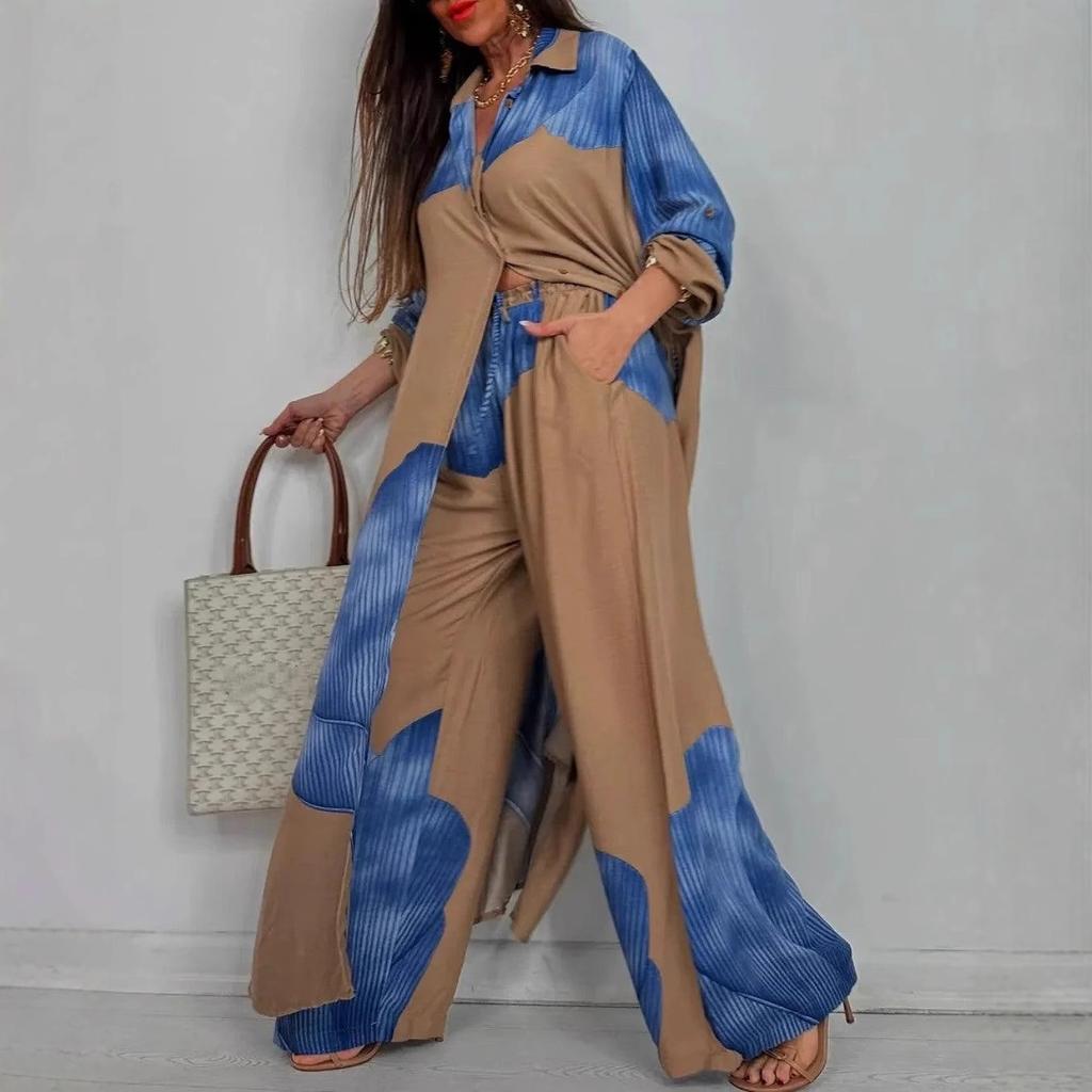 European and American Women's Clothing Spring New Fashion Casual Color Matching Loose Shirt Top Trousers Two-piece Set