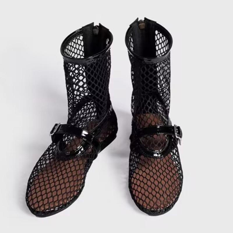 Women's Sandals Summer New Round Head Net Fabric Hollow After Zipper Soft Low Anti-slip Wear-resistant Flat Shoes