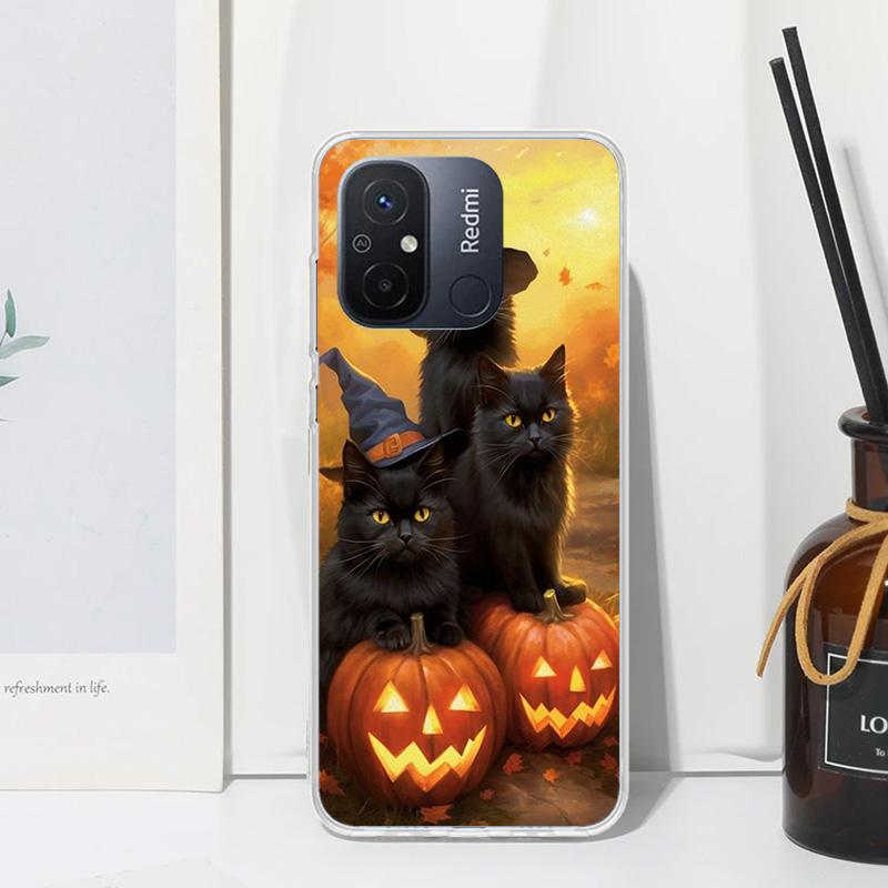 Black Kitten Halloween Pumpkin Phone Case For Xiaomi Redmi 12C 12 10C 10A 10 9C 9A 9T 9 8A 8 7A 7 6A 6 Pro K70 K40 K20 Fundas Ba
