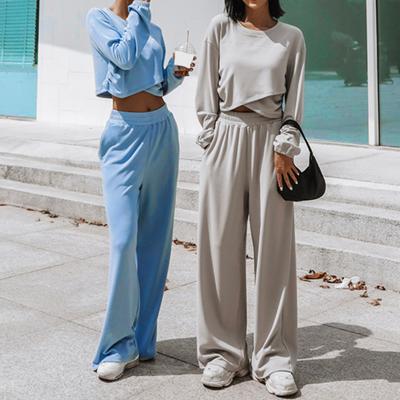2 Pcs/Set Women Top Pants Set Round Neck Long Sleeve Irregular Cross