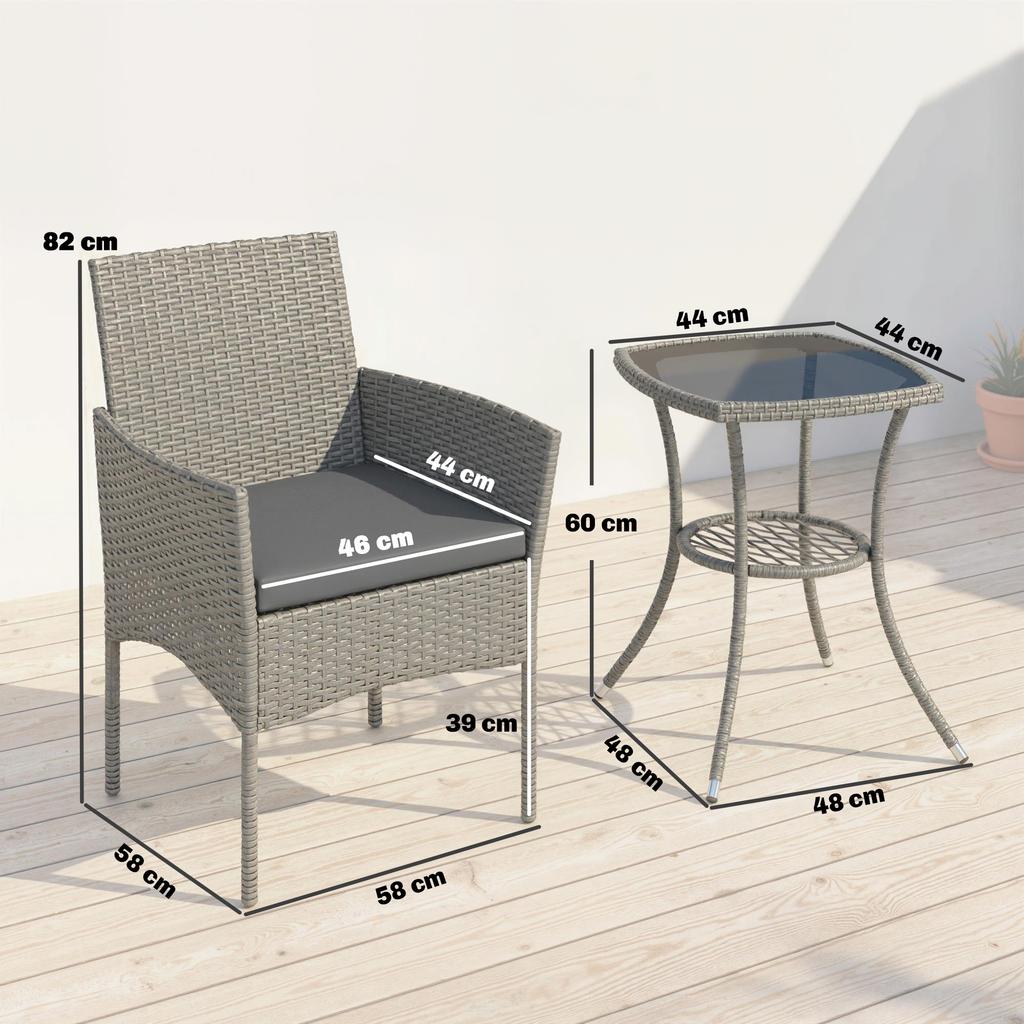 3 Piece Rattan Bistro Set, PE Wicker Garden Furniture Conversation Set with 2 Tier Glass-Top Table, Chairs, Dark Grey