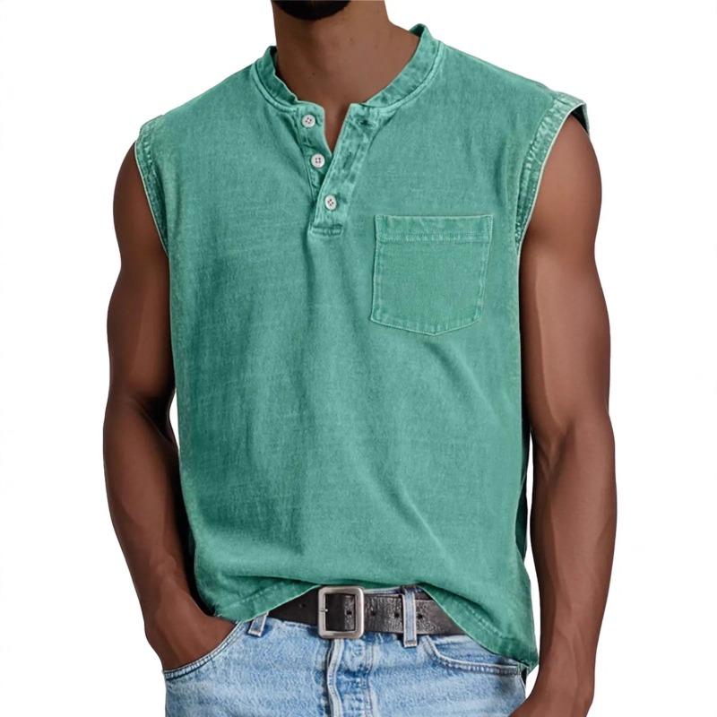 Herren gewaschenes Henley ärmelloses Tanktop lässig V-Ausschnitt einfarbig Muskelshirt mit Brusttasche