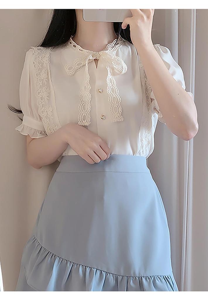 Lace Bowtie Blouse for Short Girly M [XHSUKADO] Women, Sleeve, Ruffled, Ribbon, Women's Blouse, Stylish, Mass-Produced Top, French, Style, Shirt,