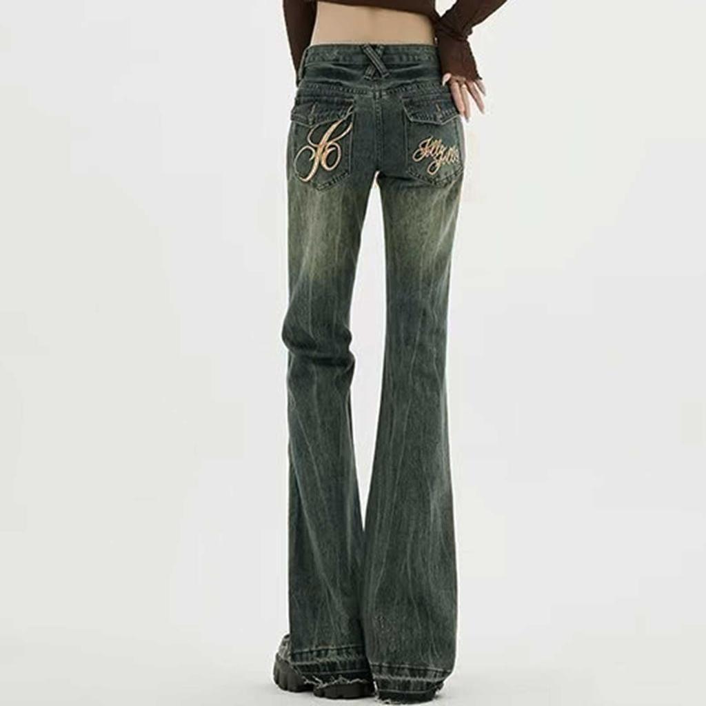 American Retro High Waist Flared Jeans For Women Embroidered Distressed High Street Hotties Slim Fit Floor-length Flared Pants