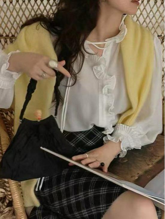 2025 Sweet French Retro Ruffled Long Sleeve Acetate Shirt