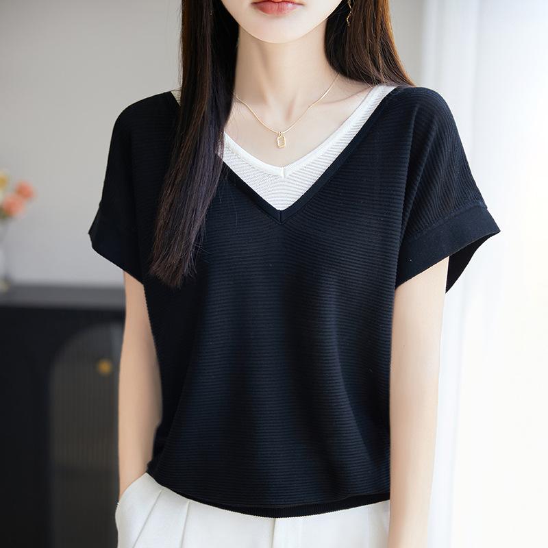 

French High-end Fake Two-piece Knitted Short-sleeved T-shirt for Women s Design Niche Temperament V-neck Loose Color-blocking Top T-shirt XL