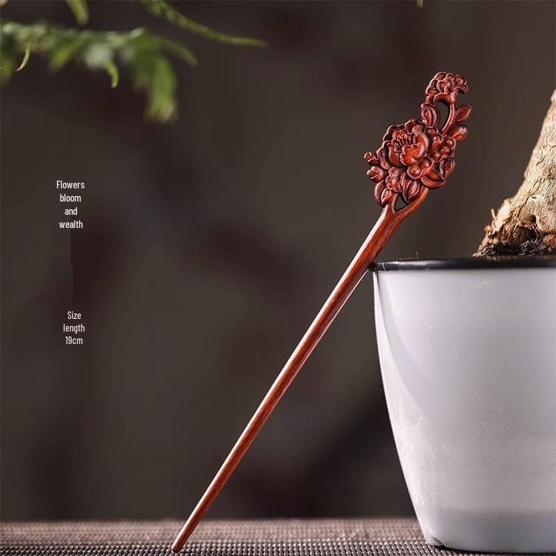 Red Sandalwood Women's Retro Hanfu Hairpins: Hollow Carved Moon Rabbit Wooden Ornaments