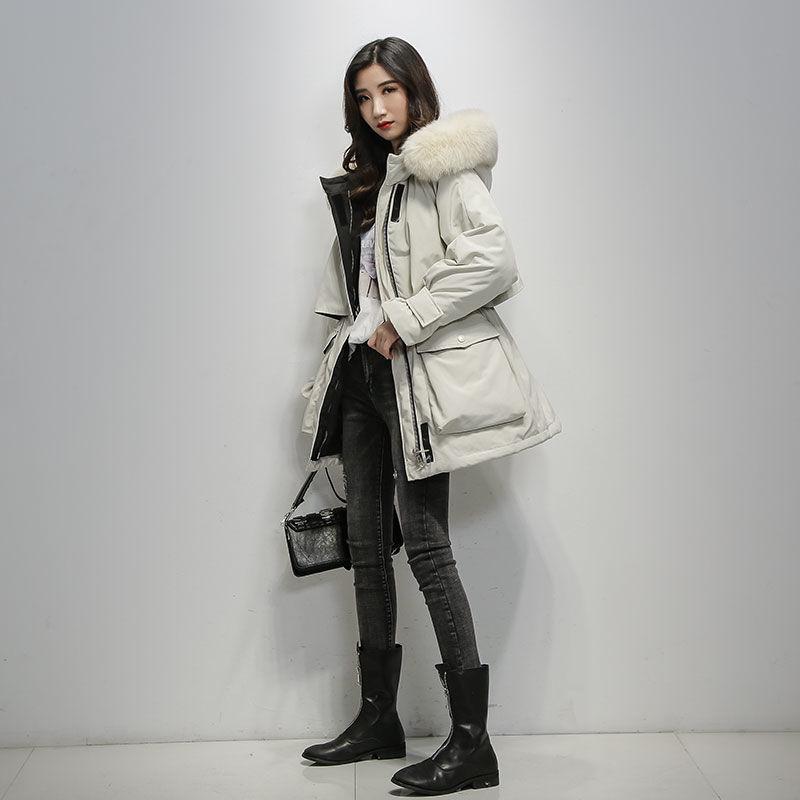 Korean Style Women's Mid-Length Cotton-Padded Parka with Big Fur Collar