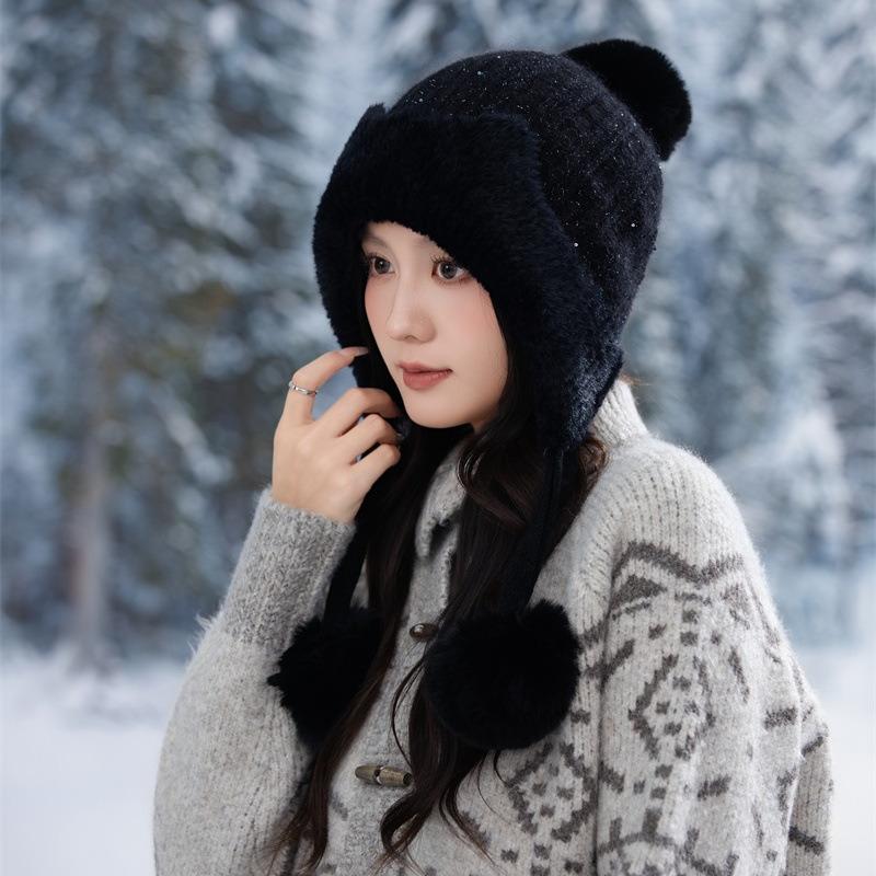 New Fleece Warm Knitted Hat Autumn and Winter Thickened Pullover Ear Protector Wool Fleece Hat Women's Hairball Hat