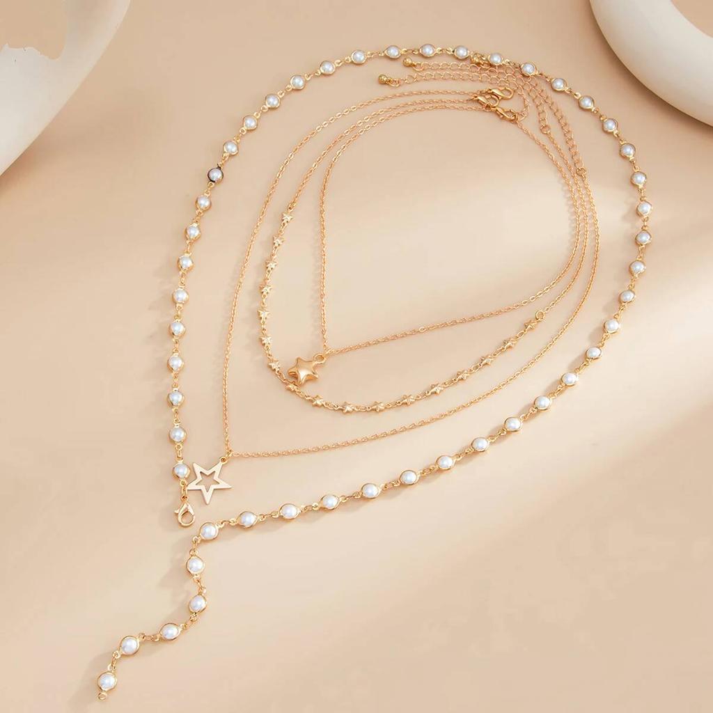SHIXIN 4Pcs/Set Fashion Simple Elegant Star Pendant Necklace Retro Imitation Pearl Y-Shaped Long Chain Women Daily Wear Jewelry