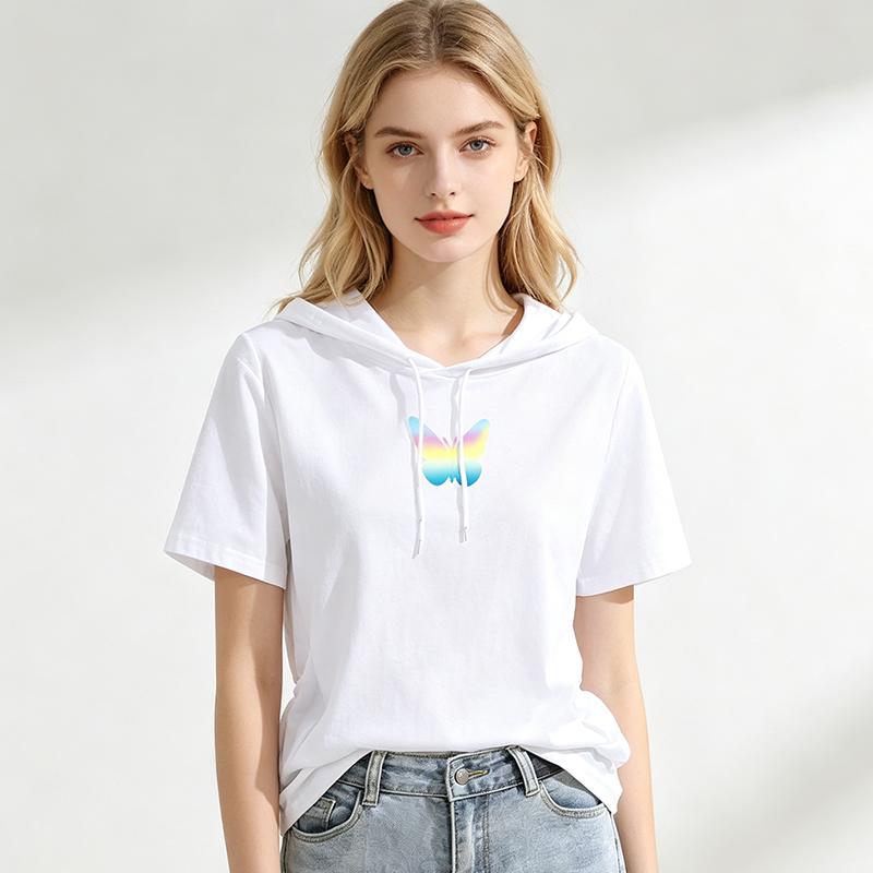Women Hooded Short Sleeve T-Shirt Women Butterfly Print Drawstring Loose Casual Hoodie Top