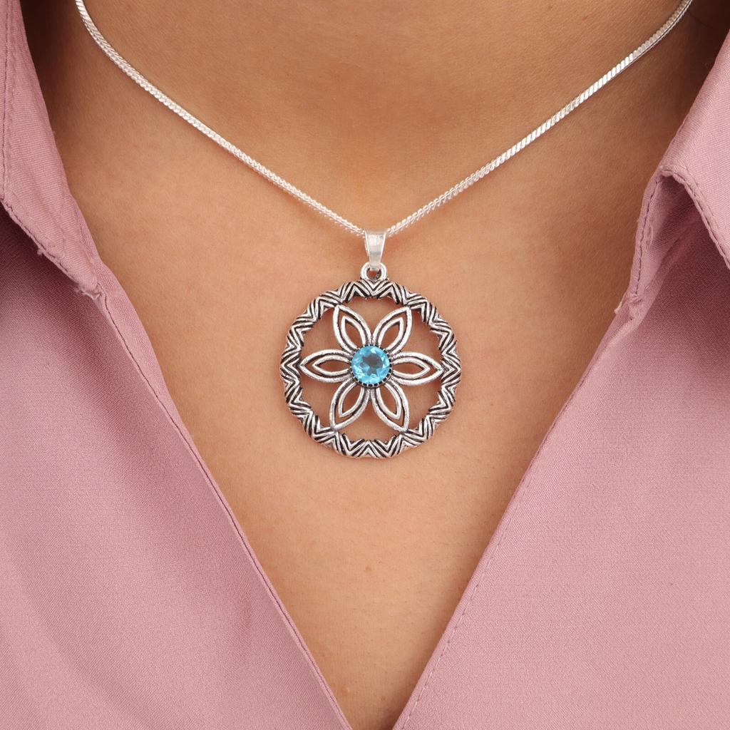 Swiss Blue Topaz Gemstone 925 Sterling Silver Handmade Pendant 1.48" For Gift CP-29-5