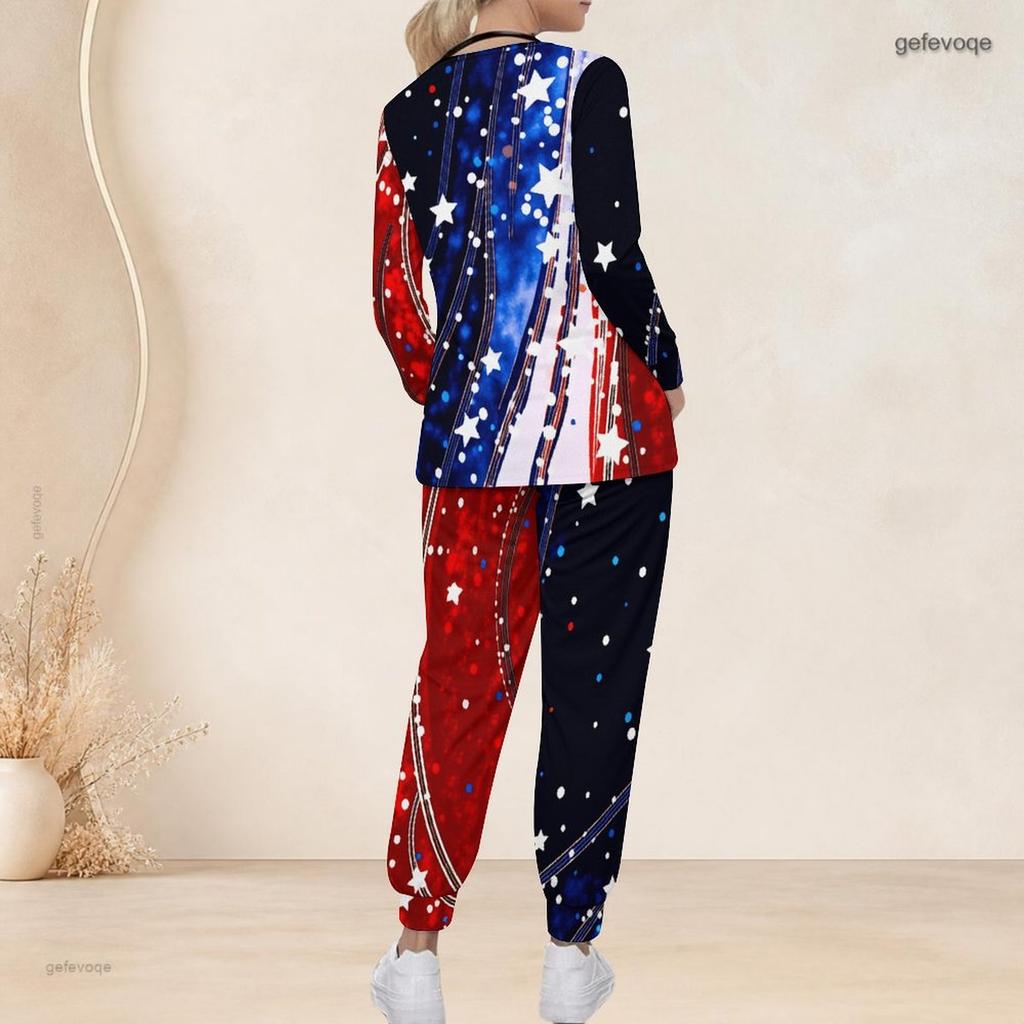 Women Plus Size Star Print Nurse Scrub Set V Neck Long Sleeve Pockets Red Blue White Two Piece