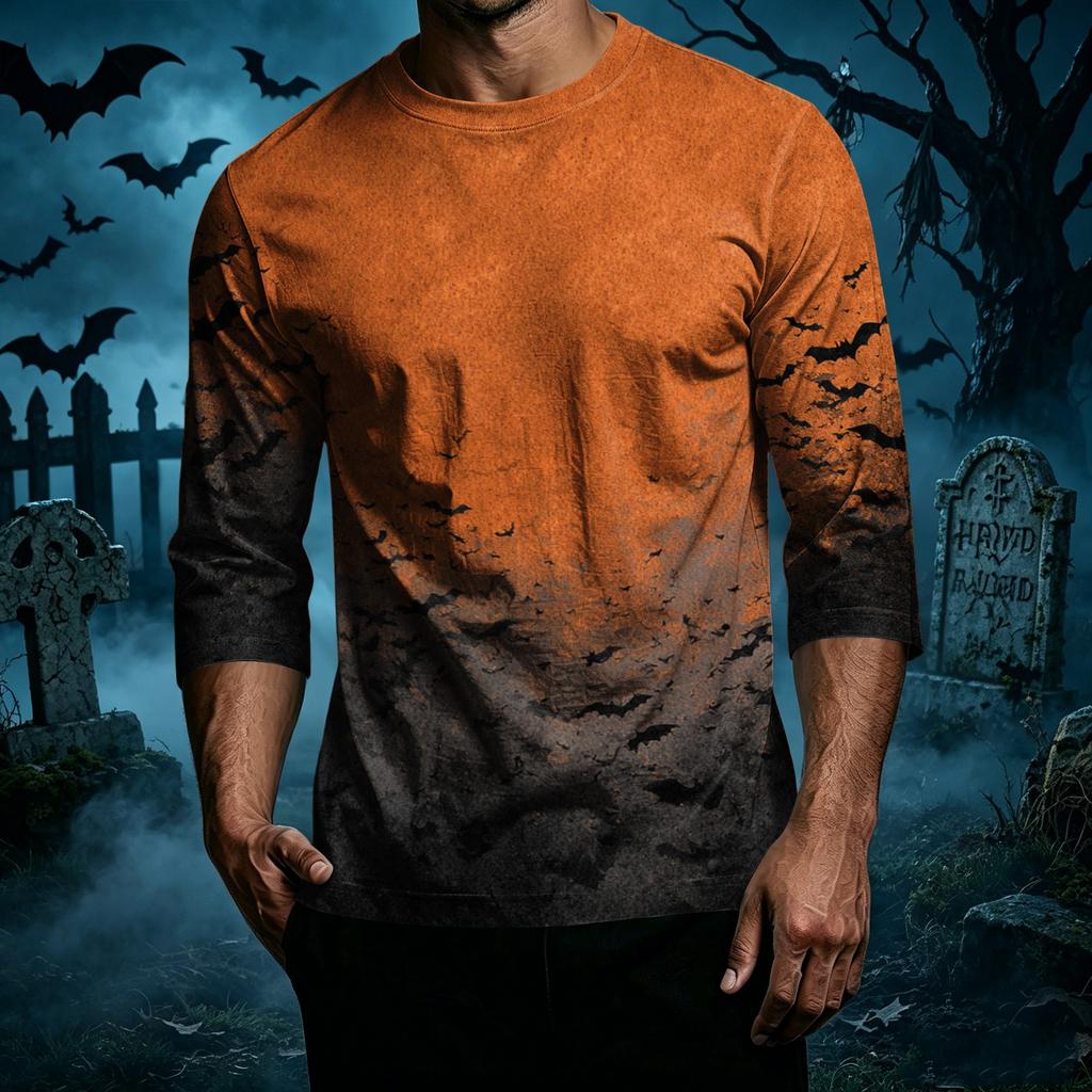 Men's Casual Halloween Graphic Crew Neck T Shirt Three Quarter Sleeve Top Lightweight Comfortable Fit