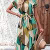 A Batwing-Sleeved, Belted Dress with Geometric Patterns It Is Suitable for Commuting In Spring and Summer, Featuring an Elegant Style.