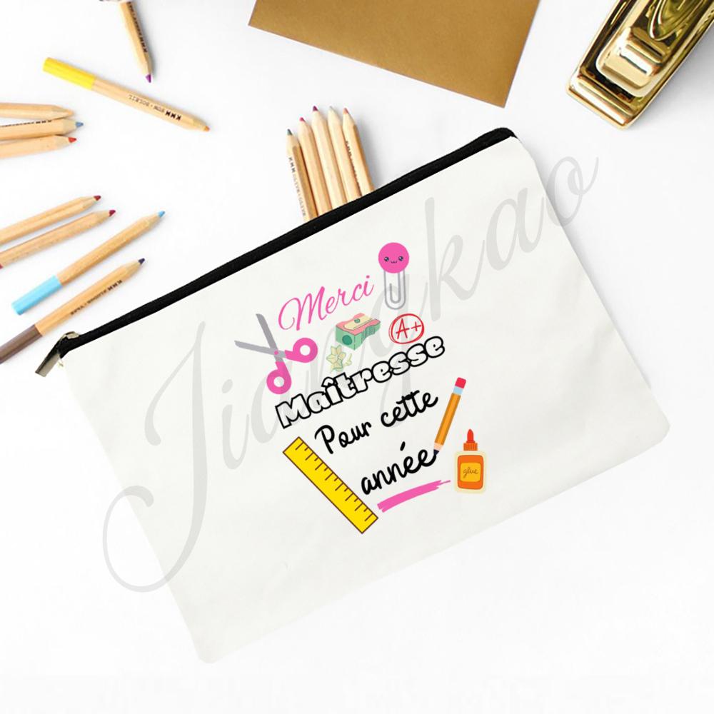 Merci Maitresse French Print Makeup Bag Travel Neceser Toiletry Storage Pouch School Pencil Bags Best Graduate Gift for Teacher