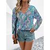 Women V Neck Boho Paisley Print Long Sleeve Blouse Multi Color Ethnic Loose Fit Summer Vacation Casual Top