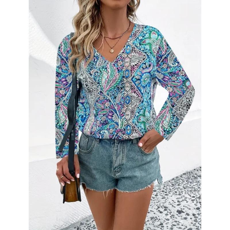 Women V Neck Boho Paisley Print Long Sleeve Blouse Multi Color Ethnic Loose Fit Summer Vacation Casual Top