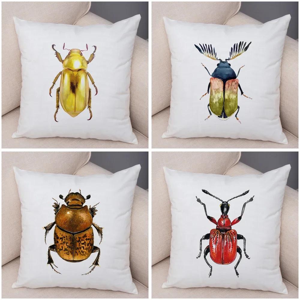 Insect Beetle Collection Pillow Case Both Sided Decor Cartoon Animal Print Cushion Cover Soft Plush Pillowcase for Sofa Home Car