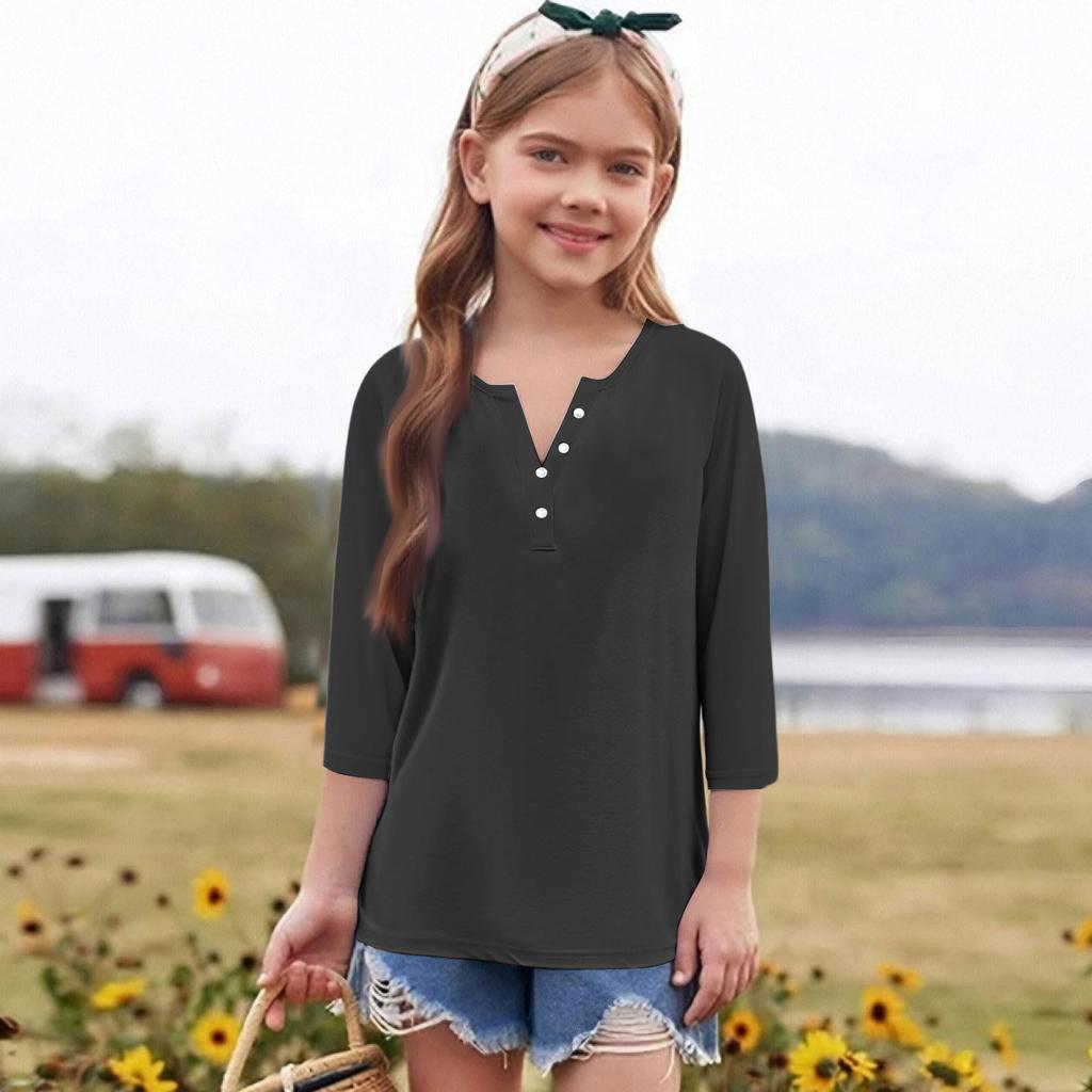 Print Tops For Youth Girls Round Neck 3/4 Sleeves T-Shirts Trendy Tops Outfit Tees