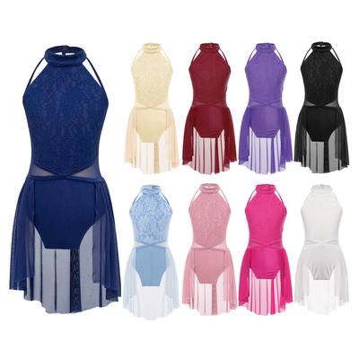 Meninas Vestido Lírico Renda Floral Alças Oco Costas Irregular Hem Dança Vestido Collant Crianças Dancewear