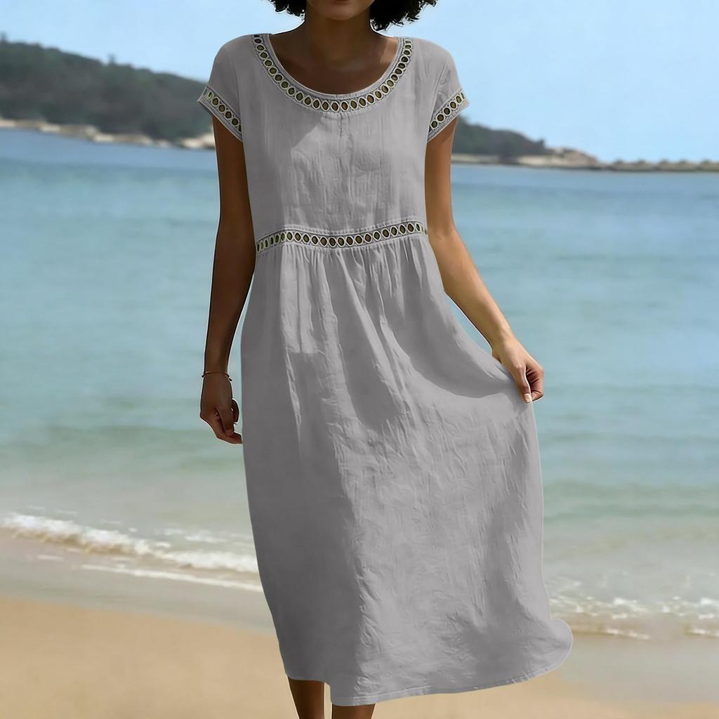 Women Casual Embroidered Trim Round Neck Midi Dress Cotton Linen Short Sleeve Loose Fit Summer Style Comfortable