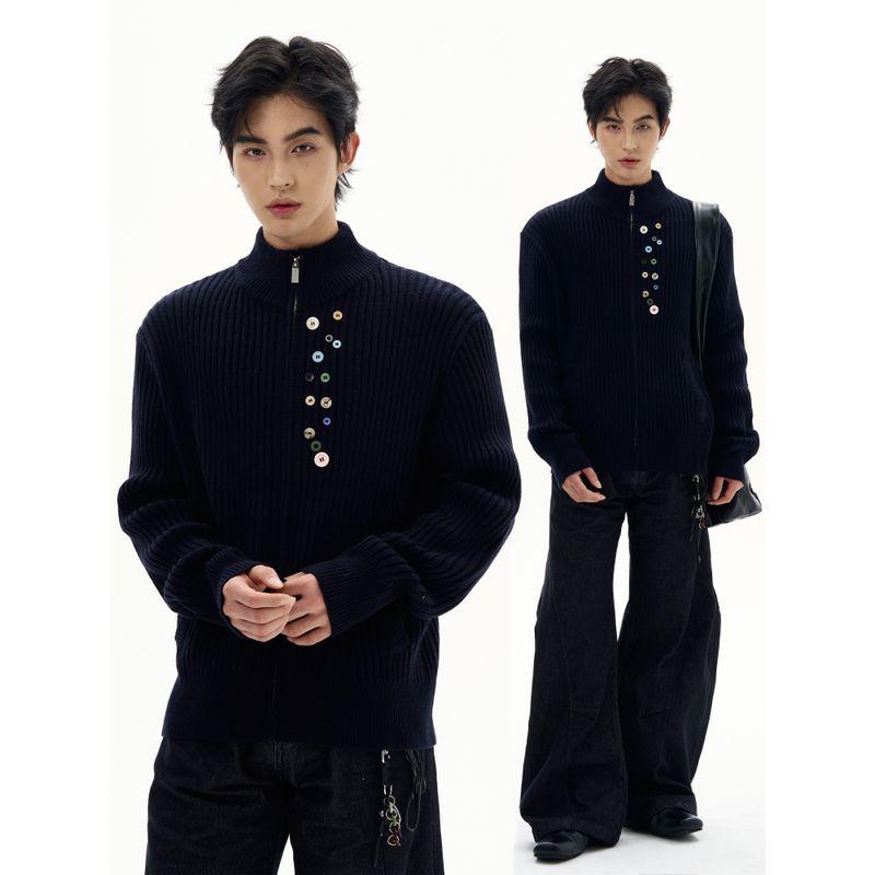 Kisko American Retro Multi-Button Half-High Collar Ribbed Knit Sweater for Men and Women, Stylish and Versatile Jacket