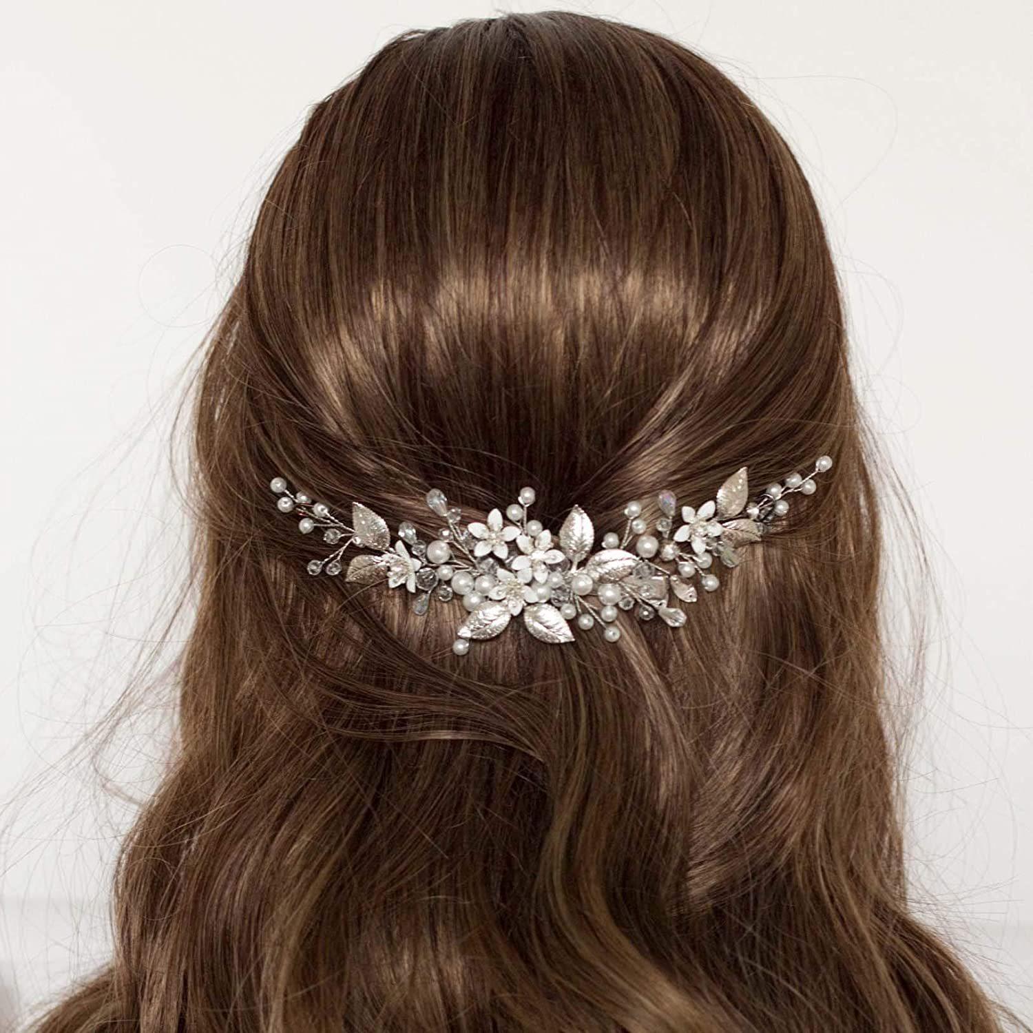 

Summer silver leaf bride female headdress wedding jewelry new rhinestone side clip accessories high-end headdress срібний