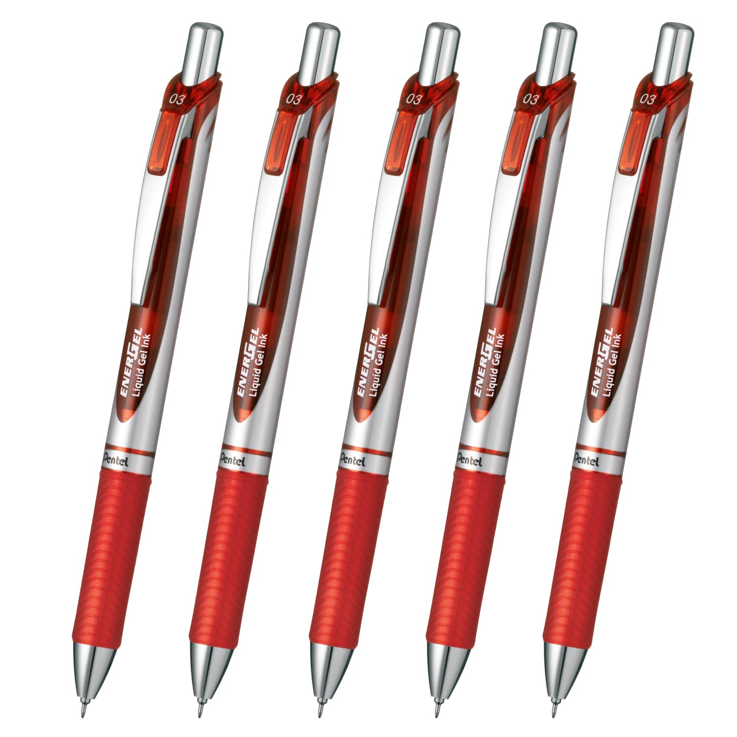 

Pentel EnerGel Gel Ballpoint Silver 5 Pens Pen, Retractable, 0.3mm, Barrel, XBLN73-B, Red, червоний