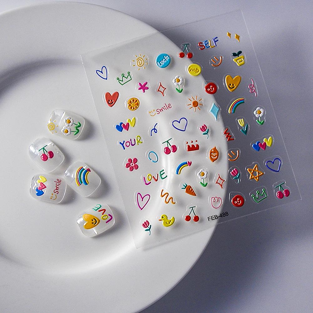Vibrant Rainbow Flower 5D Nail Art Stickers - Cartoon Star & Small Patterns, Long-Lasting & Waterproof for Kids