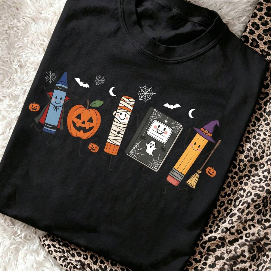 Unisex Oversized Teacher Halloween Graphic Tee Funny Stationery Pumpkin Cartoon Print Crew Neck Short Sleeve Casual Daily Tops
