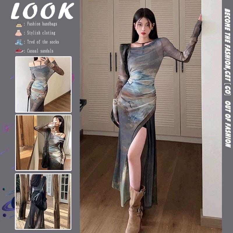 

American Retro Tie-Dye Mesh Long-Sleeved Dress, Spring Season Waist-Cinching Slimming Slit Long Dress with Inner Camisole Two-Piece Set Picture Color XL [Excellent Quality]
