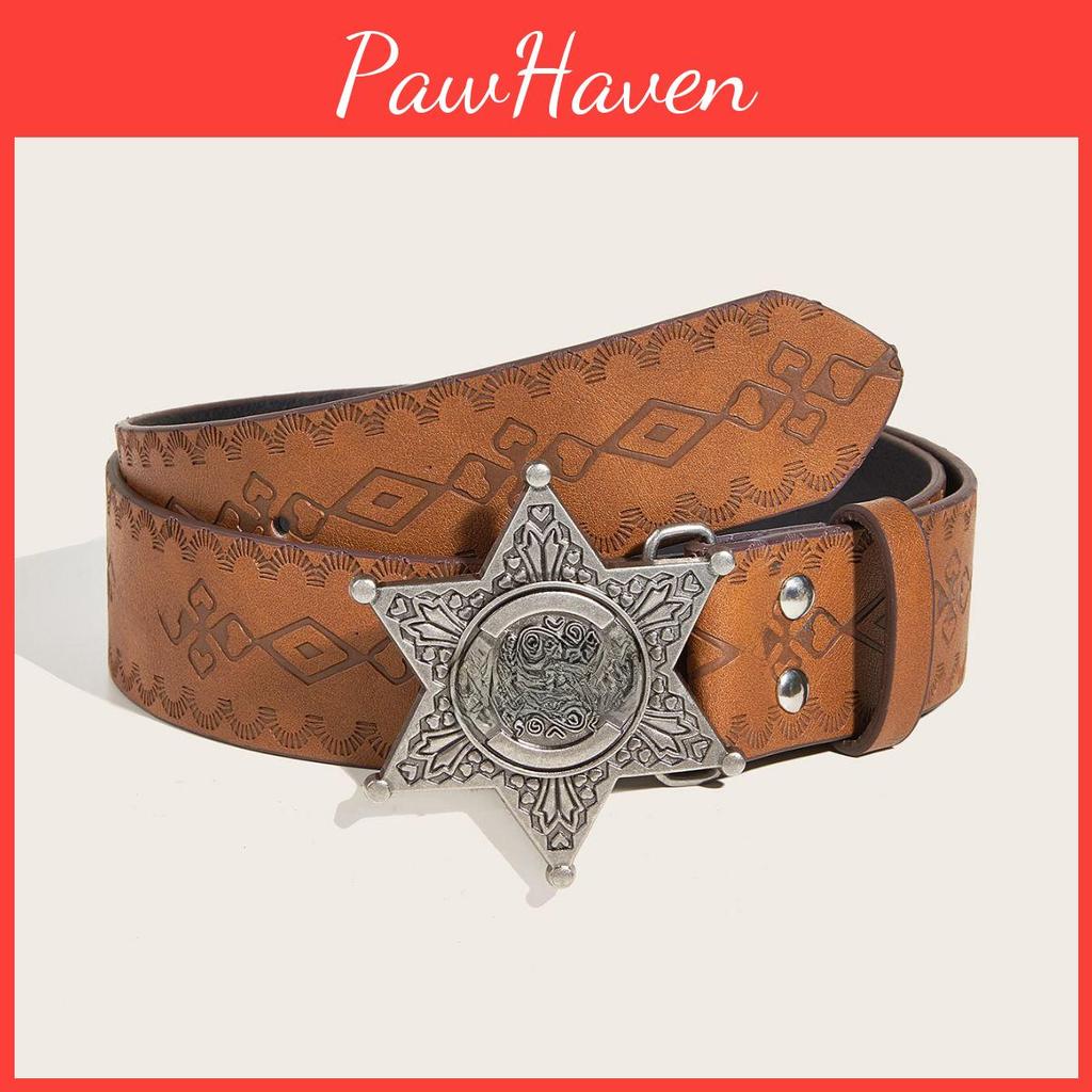 Star Letter Silver Buckle Texture Printed Pattern Belt For Both Men Women And