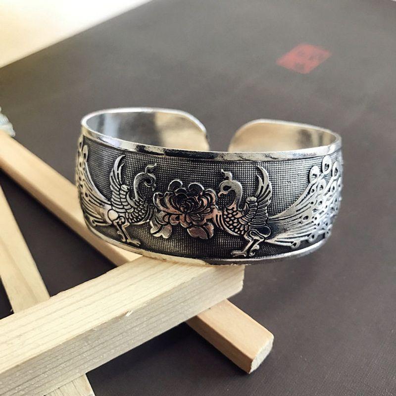 Retro Ethnic Style Fine Silver Bracelet Fashion Carved Open Wide Bracelet Fashion Stylish Miao Silver Distressed Antique Accessories 6-Peacock Peony