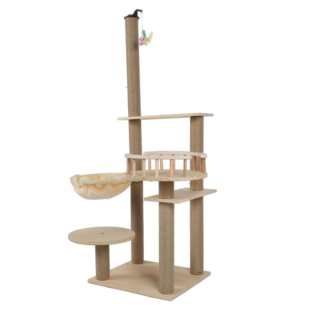 Cat Tree Multilevel Cat Climbing Tower Hemp Cable Covered Scratching Post with Hammock Dangling Toy