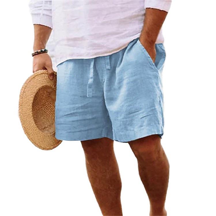 Men's 2025 Summer Cotton Linen Shorts: Elastic Waist, Straight Leg, Solid Color, Breathable, Casual Beach Mid-Shorts