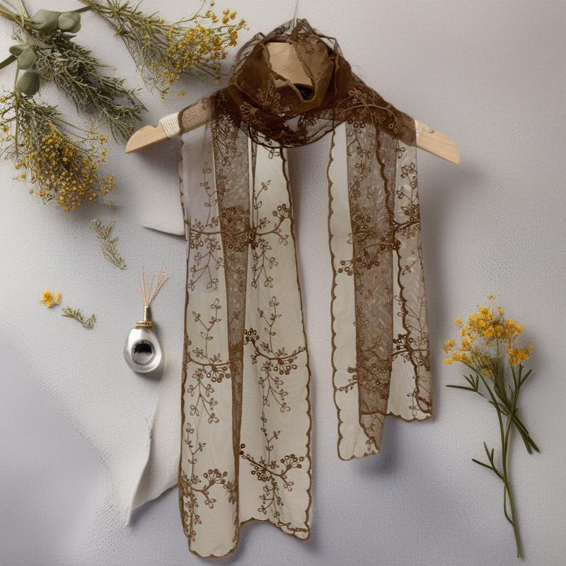 New Lace Long Scarf Embroidered Small Flower Silk Female Korean Version Literary Retro Versatile Decorative Shawl Summer