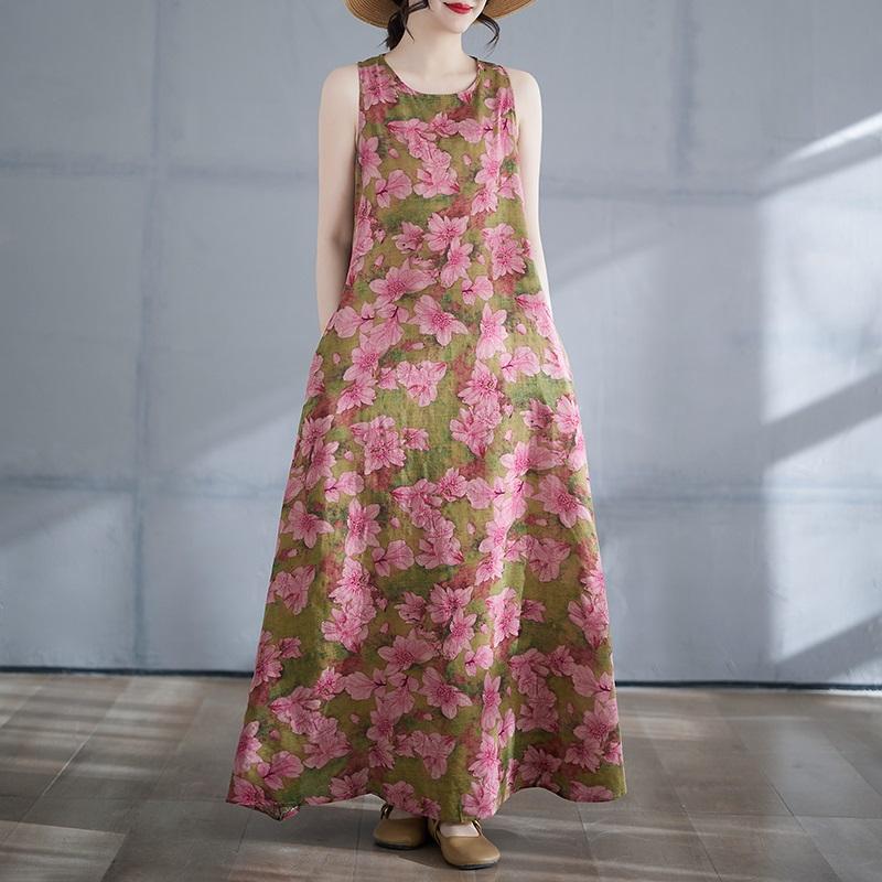 Ärmelloses Plus-Size-Baumwolle-Vintage-Blumenmuster, neue Kleider für Damen, lässig, locker, langes Sommerkleid