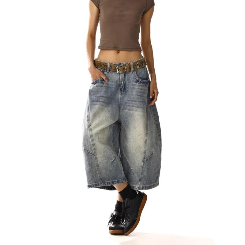 Women Baggy Wide Leg Denim Culottes Vintage Washed Loose Cropped Jeans
